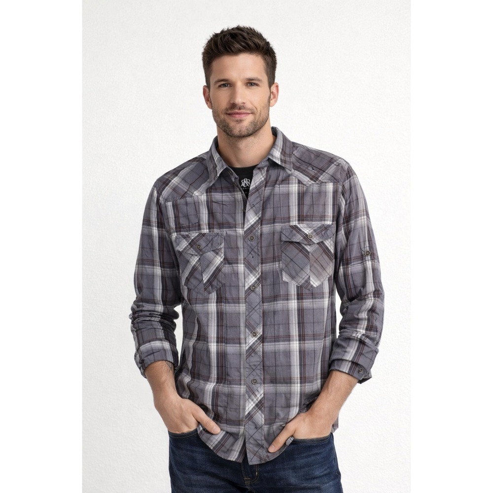 Rock & Republic Mens Medium Grey Plaid Western Roll Tab Sleeve Button Down Shirt